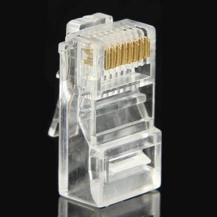 100-Pack Gold-Plated RJ45 Modular Connectors for Ethernet Cables close-up clear modular RJ45 plug with gold contacts for terminating Ethernet cables