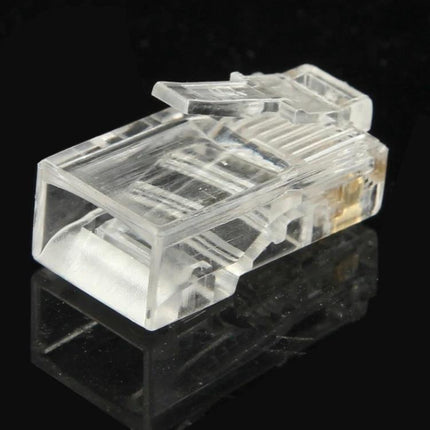 100-Pack Gold-Plated RJ45 Modular Connectors for Ethernet Cables - clear modular RJ45 plug close-up showing gold contacts for reliable Ethernet terminations