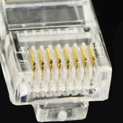 100-Pack Gold-Plated RJ45 Modular Connectors for Ethernet Cables close-up showing gold contacts and clear plastic housing