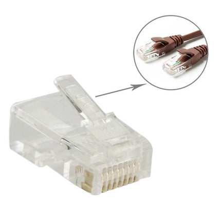 100-Pack Gold-Plated RJ45 Modular Connectors for Ethernet Cables - clear RJ45 plug close-up with gold contacts and sample terminated Ethernet cords