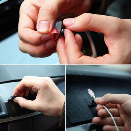 DM-003 Car Cable Clips With Adhesive 8 Pack Black And Beige - hands applying adhesive cable clips to organize car charger and USB cables