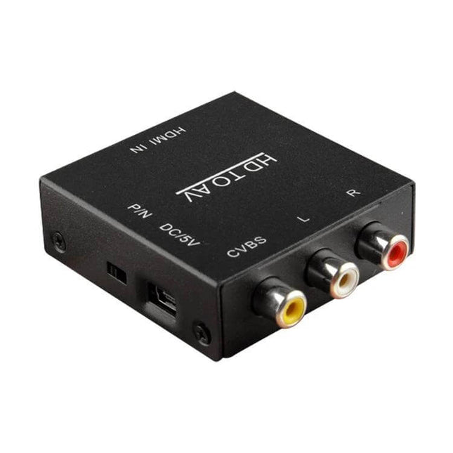 Portable HDMI to Composite Video Converter for TV Use - compact black HDMI to CVBS RCA adapter box with L and R audio ports