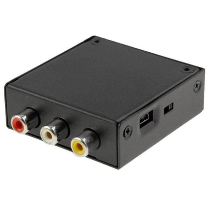 Portable HDMI to Composite Video Converter for TV Use - black box with HDMI input and red white yellow RCA composite outputs