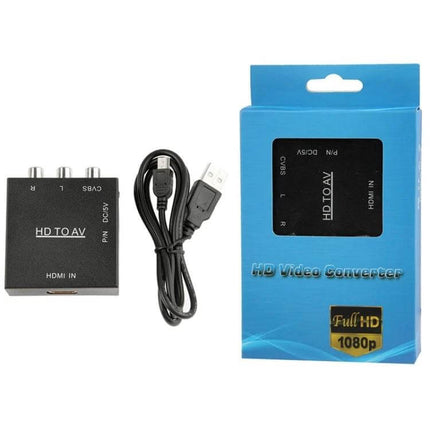 Portable HDMI to Composite Video Converter for TV Use compact HDMI-to-AV box with USB power, RCA outputs and retail packaging