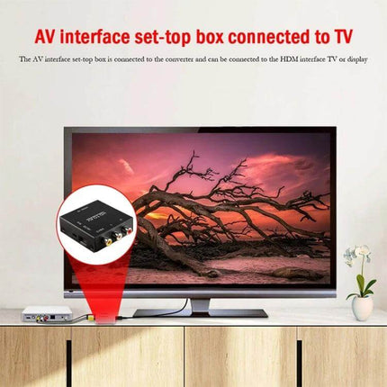 Portable HDMI to Composite Video Converter for TV Use showing converter connected between modern device and legacy TV with AV cables