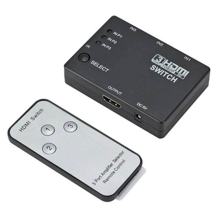 Compact HDMI 3x1 Switch with IR Remote for Home Entertainment - black 3-port HDMI switch and remote for TV setups