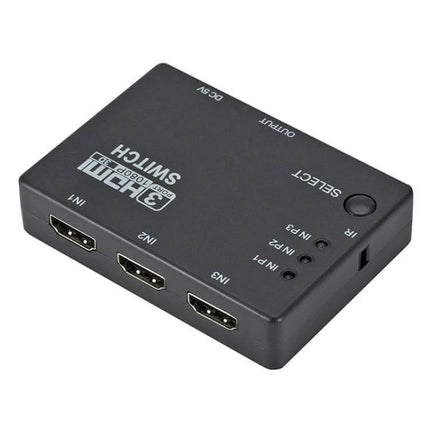 Compact HDMI 3x1 Switch with IR Remote for Home Entertainment - black 3-input HDMI selector box with IR remote and select button