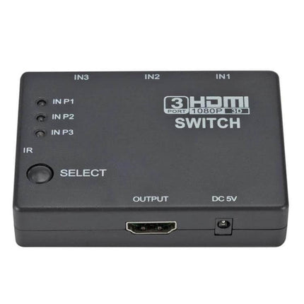 Compact HDMI 3x1 Switch with IR Remote for Home Entertainment – black 3-port HDMI switch box with IR remote and select button