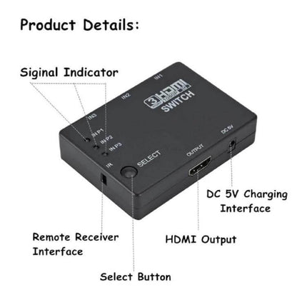 Compact HDMI 3x1 Switch with IR Remote for Home Entertainment — black compact HDMI switch showing select button, HDMI output and IR receiver