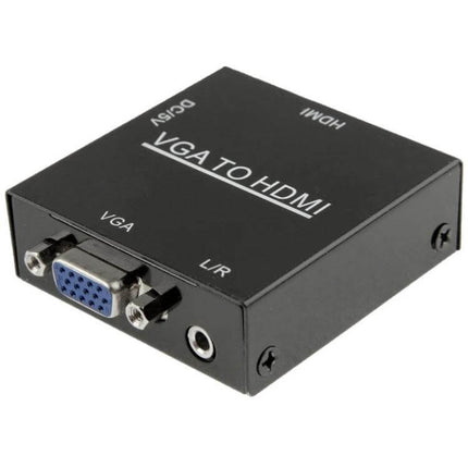 Compact VGA to HDMI 1080P Converter Box for PC and TV Use - black VGA to HDMI upscaler with VGA input and audio L/R jack
