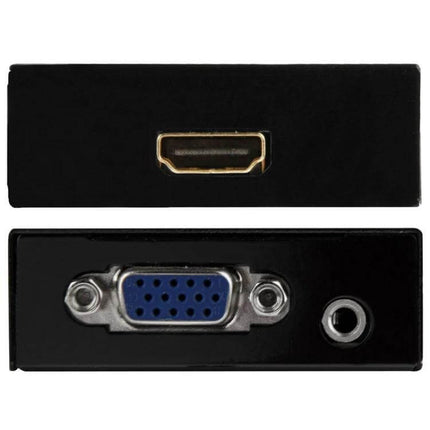 Compact VGA to HDMI 1080P Converter Box for PC and TV Use front and back view showing HDMI port VGA port and audio jack