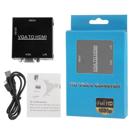 Compact VGA to HDMI 1080P Converter Box for PC and TV Use - compact VGA-to-HDMI upscaler with audio cable and packaging