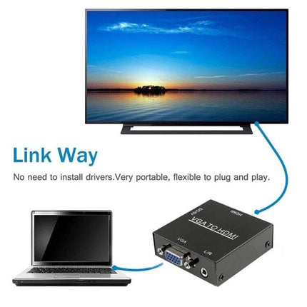 Compact VGA to HDMI 1080P Converter Box for PC and TV Use - compact black VGA to HDMI upscaler showing laptop to TV hookup