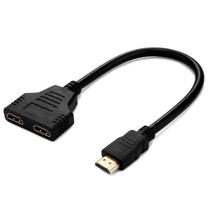 HDMI 1-in-2 Splitter Cable Adapter for Dual Output, 30cm Length - black HDMI splitter cable showing single male to dual female outputs