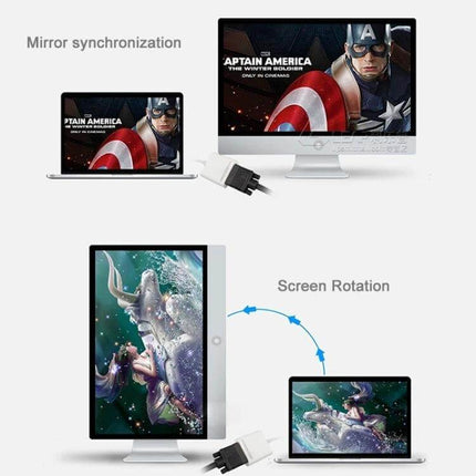 External USB 3.0 to VGA Video Adapter for Dual Display Setups – USB to VGA adapter showing mirror synchronization and screen rotation for laptop, monitor, tablet