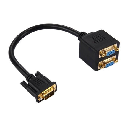 30cm VGA Splitter Cable for Connecting Two Monitors Effectively - black cable showing single VGA male to dual VGA female gold-plated connectors