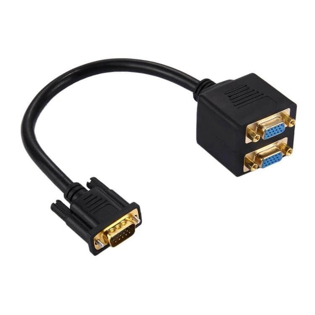 30cm VGA Splitter Cable for Connecting Two Monitors Effectively - black cable showing single VGA male to dual VGA female gold-plated connectors
