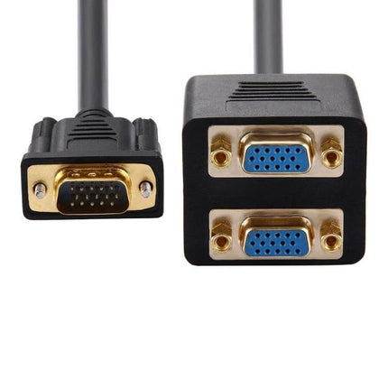 30cm VGA Splitter Cable for Connecting Two Monitors Effectively - black VGA cable with one male to two female gold-plated connectors