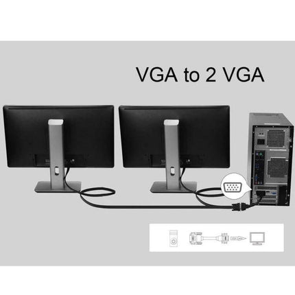 30cm VGA Splitter Cable for Connecting Two Monitors Effectively - black VGA Y-split cable mirroring one PC output to two monitors for presentations and work