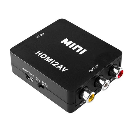 Mini HDMI to AV Video Converter for Connecting to Older Devices - compact black HDMI2AV box with RCA composite and stereo outputs