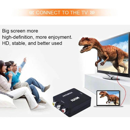 Mini HDMI to AV Video Converter for Connecting to Older Devices showing converter connecting laptop to TV with dinosaur on screen