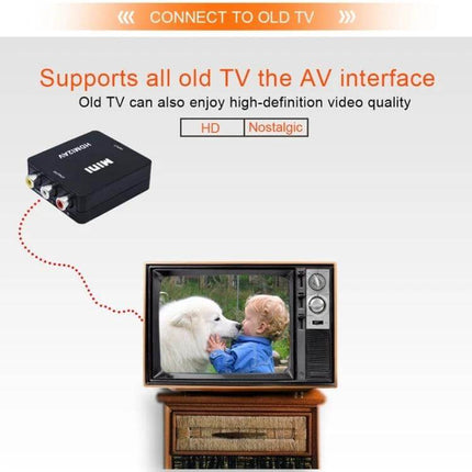 Mini HDMI to AV Video Converter for Connecting to Older Devices - compact HDMI-to-composite adapter showing connection to vintage TV displaying child and dog