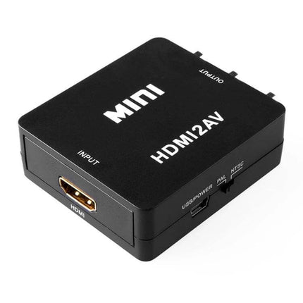 Mini HDMI to AV Video Converter for Connecting to Older Devices black HDMI2AV box showing HDMI input and AV outputs