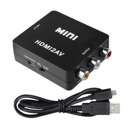 Mini HDMI to AV Video Converter for Connecting to Older Devices - compact HDMI2AV box with RCA composite and USB power cable
