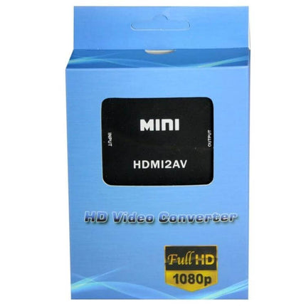 Mini HDMI to AV Video Converter for Connecting to Older Devices - compact HDMI2AV box in retail packaging, Full HD 1080p output for TVs and VCRs