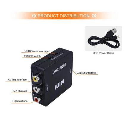 Mini HDMI to AV Video Converter for Connecting to Older Devices, black box with HDMI input and composite AV outputs (RCA) and USB power cable