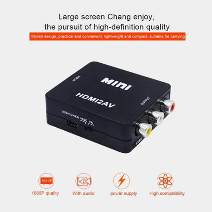 Mini HDMI to AV Video Converter for Connecting to Older Devices - compact black HDMI2AV box with RCA composite outputs and USB power