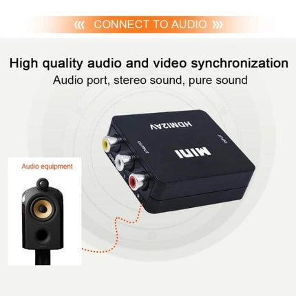 Mini HDMI to AV Video Converter for Connecting to Older Devices showing composite RCA outputs and audio synchronization