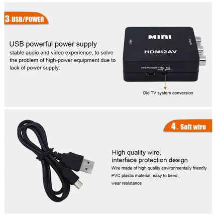 Mini HDMI to AV Video Converter for Connecting to Older Devices - compact HDMI2AV box with USB power cable for TV/VCR connections