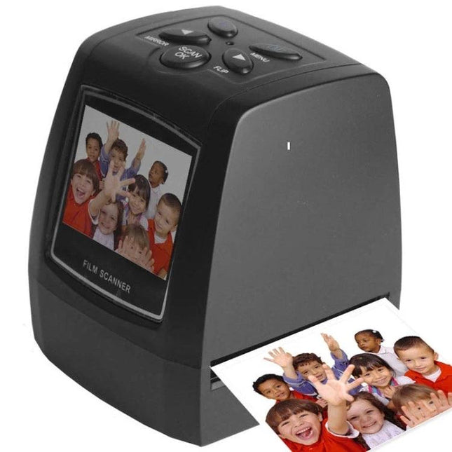 Portable Film Scanner for Digitizing Photos with LCD Screen showing scanned family photo preview and print output