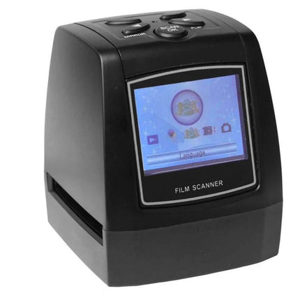 Portable Film Scanner for Digitizing Photos with LCD Screen showing black portable unit with preview on built-in LCD