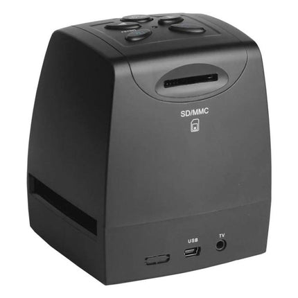 Portable Film Scanner for Digitizing Photos with LCD Screen showing compact black unit, SD/MMC slot, USB and TV ports for home photo digitizing
