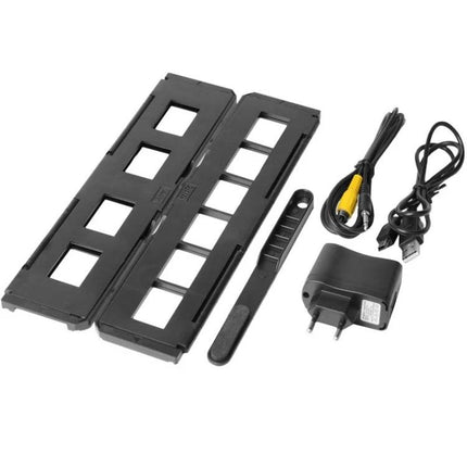 Portable Film Scanner for Digitizing Photos with LCD Screen accessories tray, USB and AV cables, and power adapter