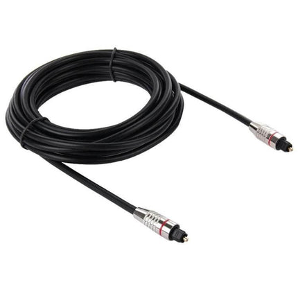 Toslink Digital Optical Fiber Cable for Audio Device Connections, 5 Meters — coiled black optical cable with metal-tipped connectors