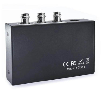 SDI Video Splitter for Distributing Signals to Two Displays, black metal unit with three BNC connectors and certifications