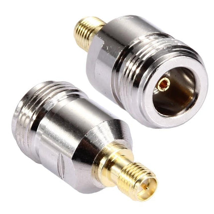 RP-SMA Female to N Female Connector Adapter for Antennas, close-up of two silver RF adapter connectors showing RP-SMA and N female ends