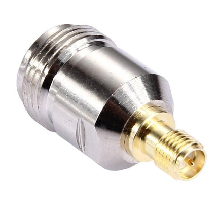 RP-SMA Female to N Female Connector Adapter for Antennas, silver metal adapter close-up showing RP-SMA and N female ends
