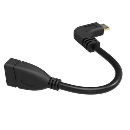 Right-Angle Mini HDMI to HDMI Connection Cable, 16cm Length showing black right-angle Mini HDMI male to HDMI female short connector cable