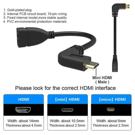 Right-Angle Mini HDMI to HDMI Connection Cable, 16cm Length - compact right-angle Mini HDMI male to HDMI female adapter for cameras, tablets, laptops