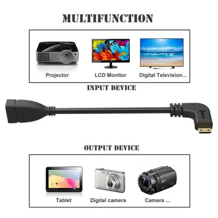 Right-Angle Mini HDMI to HDMI Connection Cable, 16cm Length showing right-angle Mini HDMI male to HDMI female cable with compatible devices (tablet, camera, monitor)