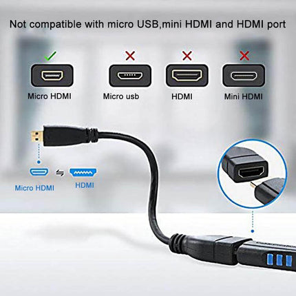 Compact 17cm Adapter Cable for Micro HDMI to HDMI Devices shown connecting a micro HDMI camera to a TV for presentations and travel