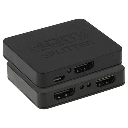 Compact Mini 1x2 HDMI Splitter for Home TV and Projector Use - black compact HDMI splitter showing two HDMI outputs and one input, ideal for dual-screen setups
