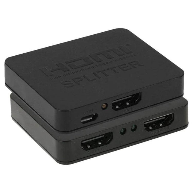 Compact Mini 1x2 HDMI Splitter for Home TV and Projector Use - black compact HDMI splitter showing two HDMI outputs and one input, ideal for dual-screen setups