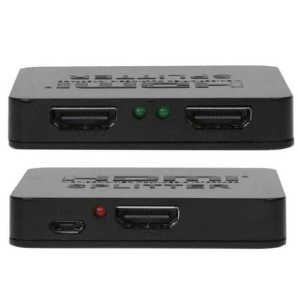 Compact Mini 1x2 HDMI Splitter for Home TV and Projector Use - front view showing two HDMI outputs, indicator LEDs and micro USB power port