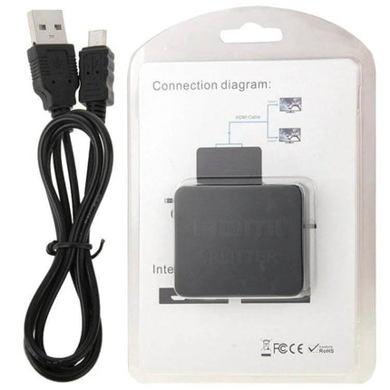 Compact Mini 1x2 HDMI Splitter for Home TV and Projector Use - compact black HDMI splitter with USB cable in retail packaging