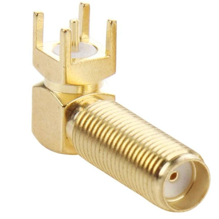 Set of 10 Gold Plated SMA Female Right Angle Panel Mount Connectors showing a single gold-plated SMA female right-angle panel mount connector close-up